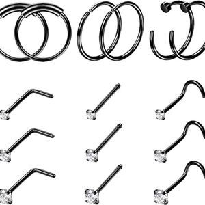 FINREZIO 15PCS 22G Surgical Steel Nose Rings Hoop Studs Cartilage Earrings